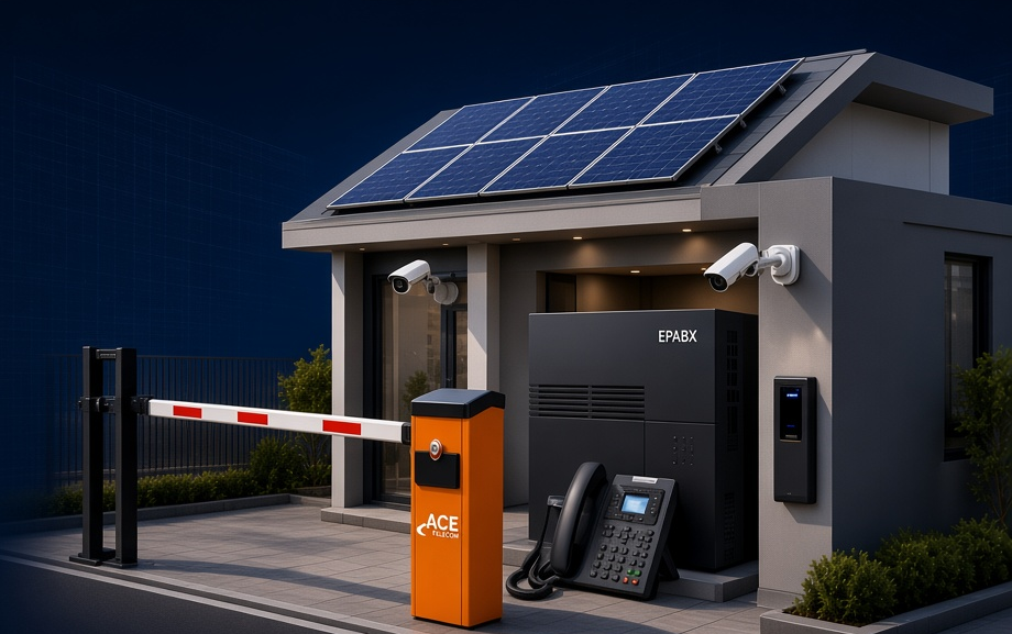 Ace Telecom integrated systems: rooftop solar, CCTV cameras, biometric access, a boom barrier and EPABX telephony.